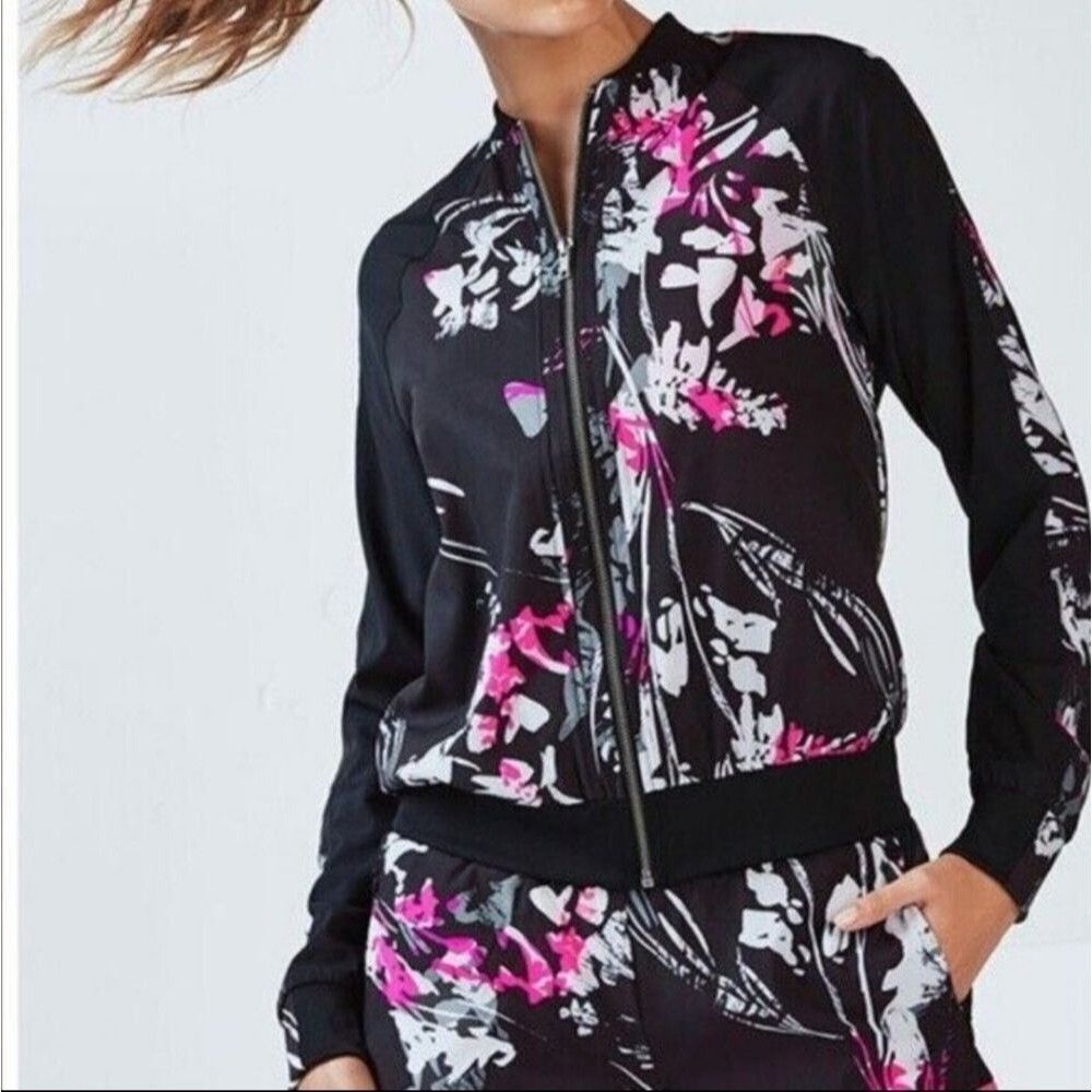 Fabletics Bomber Track Jacket Abstract Leaf Floral Print Bev Style Unlined